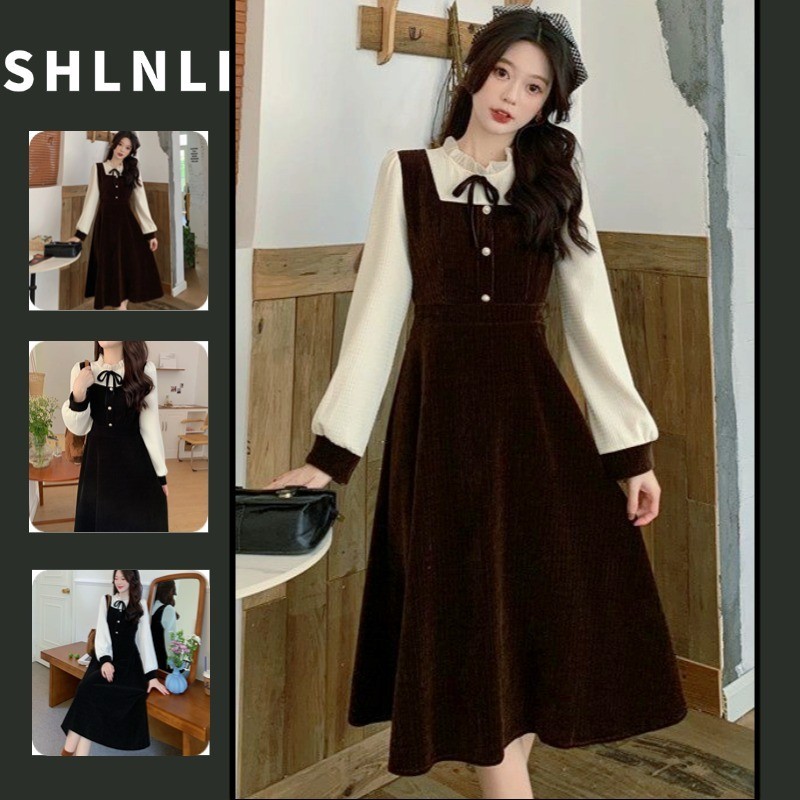 ชุดเดรสหวานผ้าลูกฟูกย้อนยุคฝรั่งเศส สไตล์วิทยาลัยสำหรับฤดูใบไม้ผลิดำเนินถึงฤดูใบไม้ร่วง พร้อมปลอมสองลูกไม้และปกกระโปรงยาว