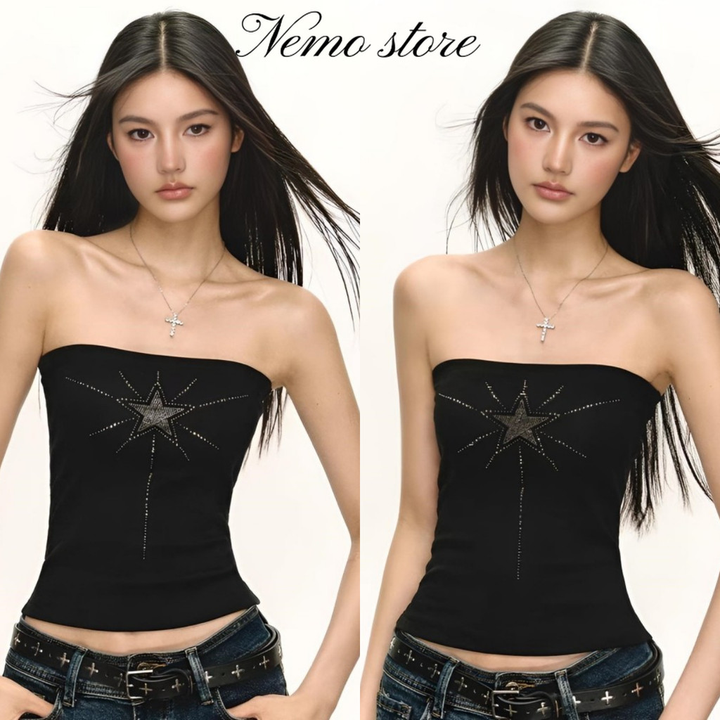Nemo store🌸#FY3573 เสื้อเกาะอก น่ารักๆ เสริมฟองน้ำในตัว ลายเพชรดาว สีพื้นมินิมอล