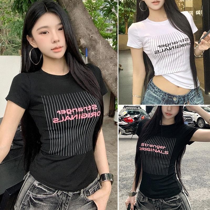 เสื้อยืดแขนสั้น ทรงสลิมฟิต สําหรับผู้หญิงเสื้อยืดคอกลมแฟชั่นย้อนยุคสไตล์อเมริกัน ลายพิมพ์ตัวอักษร เนื้อผ้านุ่มสบาย