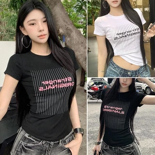 เสื้อยืดแขนสั้น ทรงสลิมฟิต สําหรับผู้หญิงเสื้อยืดคอกลมแฟชั่นย้อนยุคสไตล์อเมริกัน ลายพิมพ์ตัวอักษร เนื้อผ้านุ่มสบาย