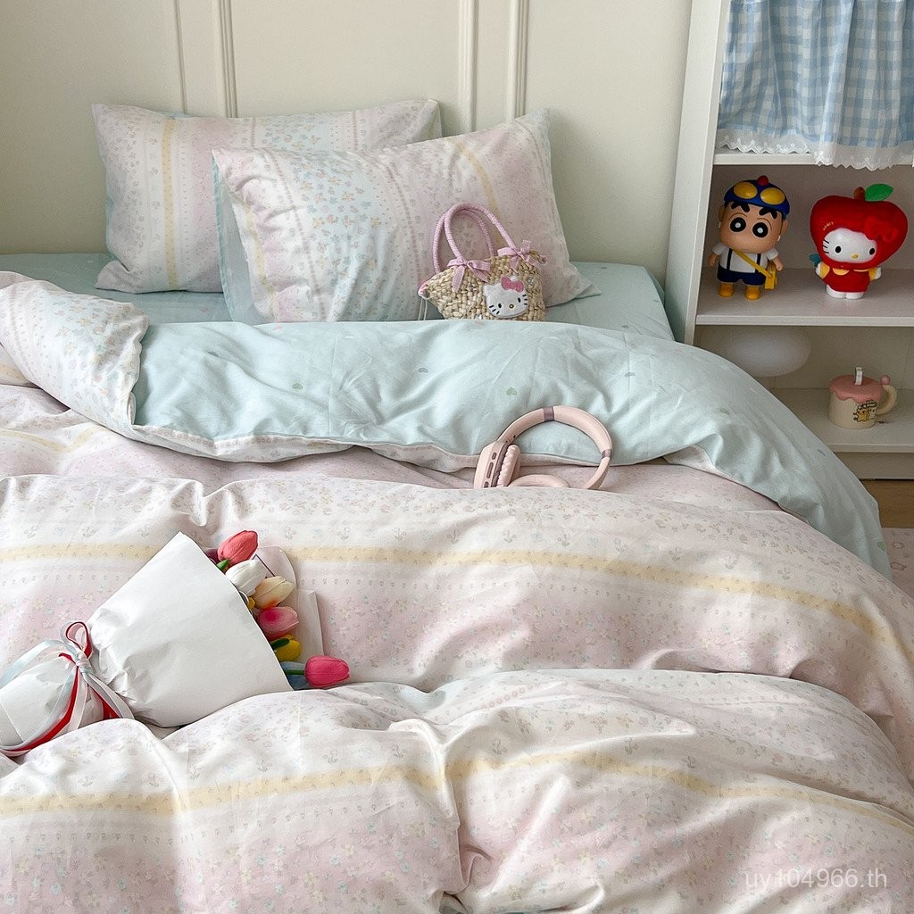 ชุดผ้าปูที่นอนและผ้าห่ม 4 ชิ้น สไตล์เกาหลี ลายดอกไม้ สำหรับหญิง ทำจากผ้าฝ้ายธรรมชาติ N7XW