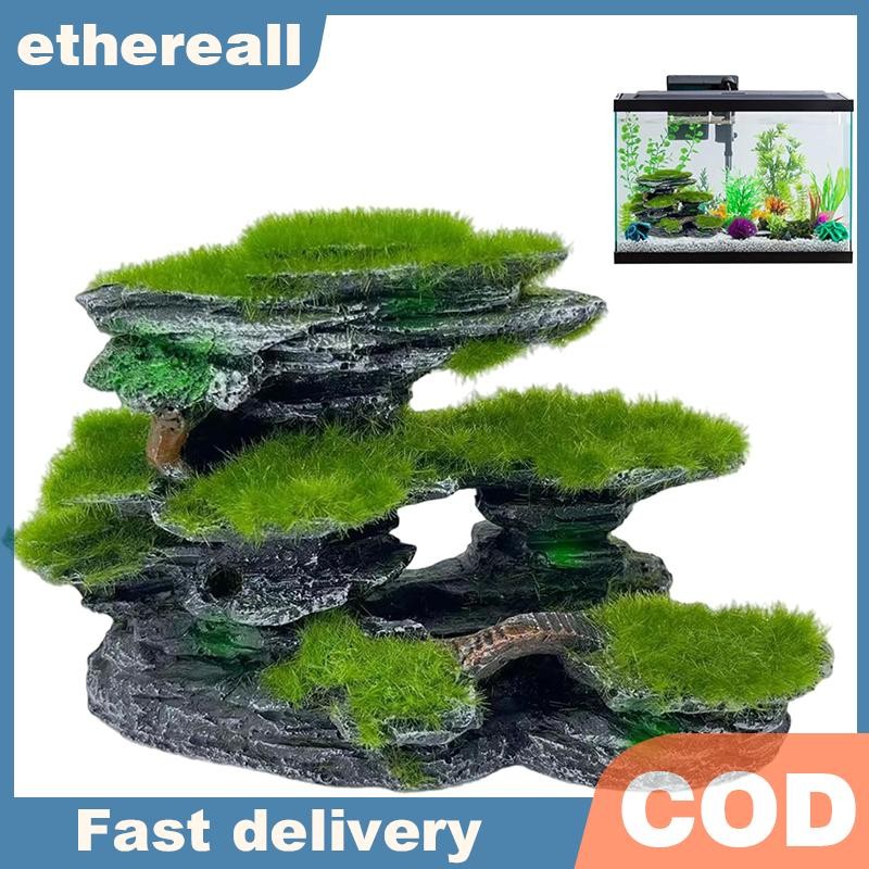 ETH Aquarium Mountain View Stone, หินวิวตู้ปลา, Mossed Aquarium Hideout, Submersible Resin Aquarium ตกแต่งขนาดใหญ่ TH