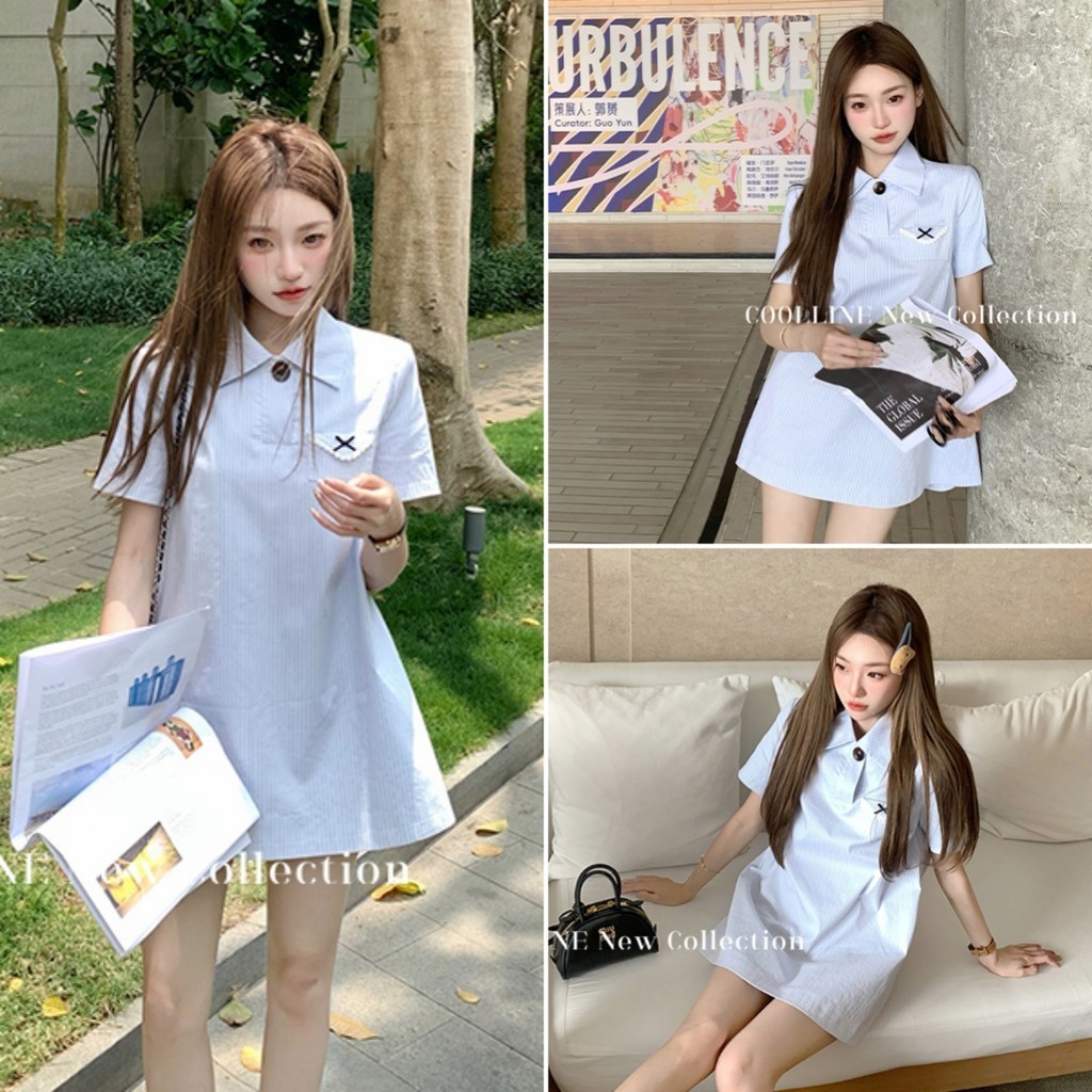 Hotgirl พร้อมส่ง เดรสแฟชั่นผู้หญิง ชุดเดรสสไตล์เกาหลี หวานและน่ารัก ปกเสื้อเชิ้ต สไตล์ลำลอง แต่งโบว์ – โปรปัง