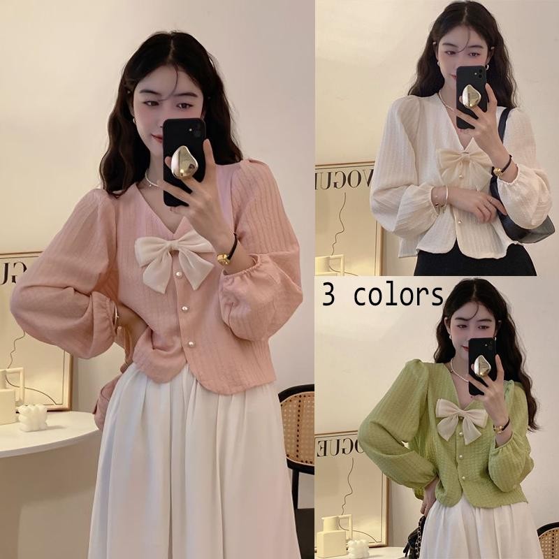 Dahong  W668  เสื้อเชิ้ตคอปกแขนยาวแต่งสายสำหรับผูกโบว์น่ารักๆ คอวี สีพื้น ทรงหลวม แขนยาว ทรงสลิม – โปรปัง