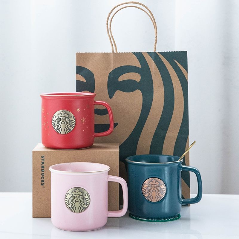★Ins Starbucks Classic Cup เคลือบ Bronze เหรียญแก้วถ้วยกาแฟในครัวเรือนถ้วยเซรามิค Fish Scale คู่ Bronze ถ้วยน้ํา