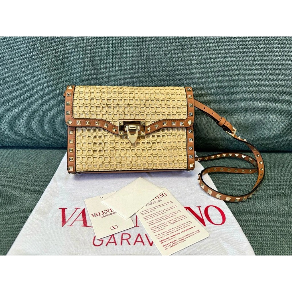 Valentino Valentino Valentino Messenger Bag, Summer Super Matching Plain Weave Cowhide Raffia Leathe