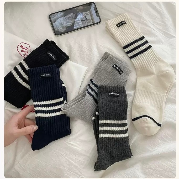 SHUKUB ถุงเท้า ข้อกลางยาว รุ่น Suxin Wavy Strip ผ้าฝ้าย ทรงหยัก ผ้าดี ✨พร้อมส่ง