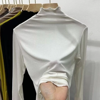 เสื้อยืดแขนยาวผู้หญิงแฟชั่นคอสูงสวย สไตล์เกาหลีเน้นสวมใส่สบาย เนื้อผ้าดีไม่ขึ้นขน ใส่ชั้นในหรือมิกซ์แอนด์แมทช์กับเสื้อคล