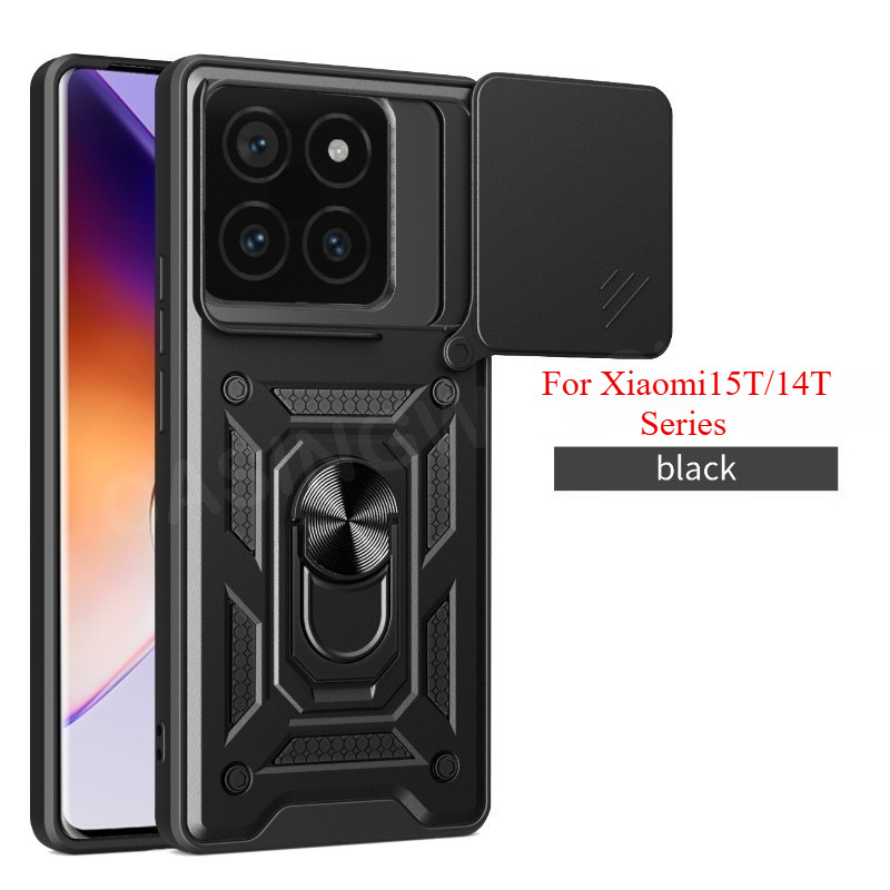 ปลอกสําหรับ Xiaomi 15T Pro 17T 14T 15 14 Pro Ultra 5G 4G 2025 เคสโทรศัพท์โลหะเกราะแหวนวงเล็บ Push ดึงกล้องกันกระแทกป้องกันปกหลัง