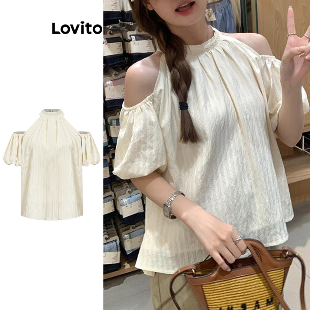 Lovito เสื้อน่ารักธรรมดาเดรปตัดพื้นผิวผ้าพัฟแขนเสื้อสําหรับผู้หญิง L73AD003 (หลากสี)