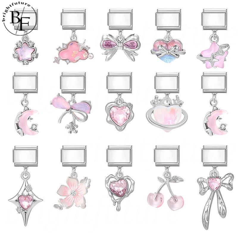 จี้สีชมพูและชุดสร้อยข้อมือสแตนเลสสไตล์อิตาเลียน พร้อมcharm ขนาด9มม. เหมาะสำหรับทำDIY-retro เพิ่มบุคลิกภาพ