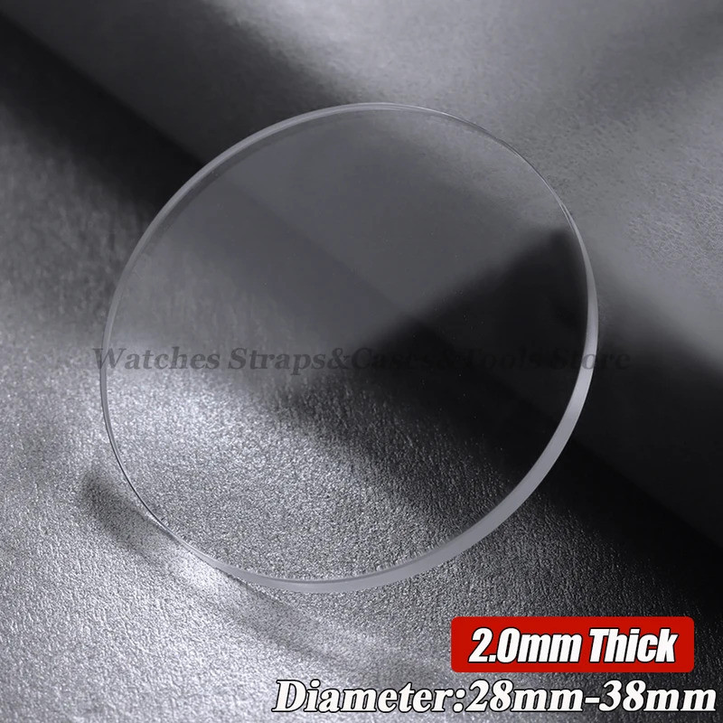 Flat Sapphire Glass หนา 2.0 มม. เส้นผ่านศูนย์กลาง 28-38 มม. ใส อุปกรณ์เสริมนาฬิกา 1 ชิ้น ขนาด 28.5/30/30.5/32/32.5 มม.