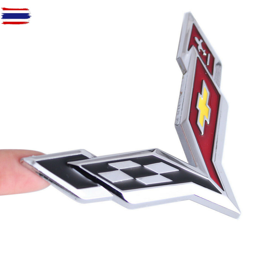 โลโก้ เชฟโรเลต คอลเว็ต งานโลหะ Chevrolet Corvette C7 ZR1 Stingray 3D Silver Metal Emblem Badge Car E