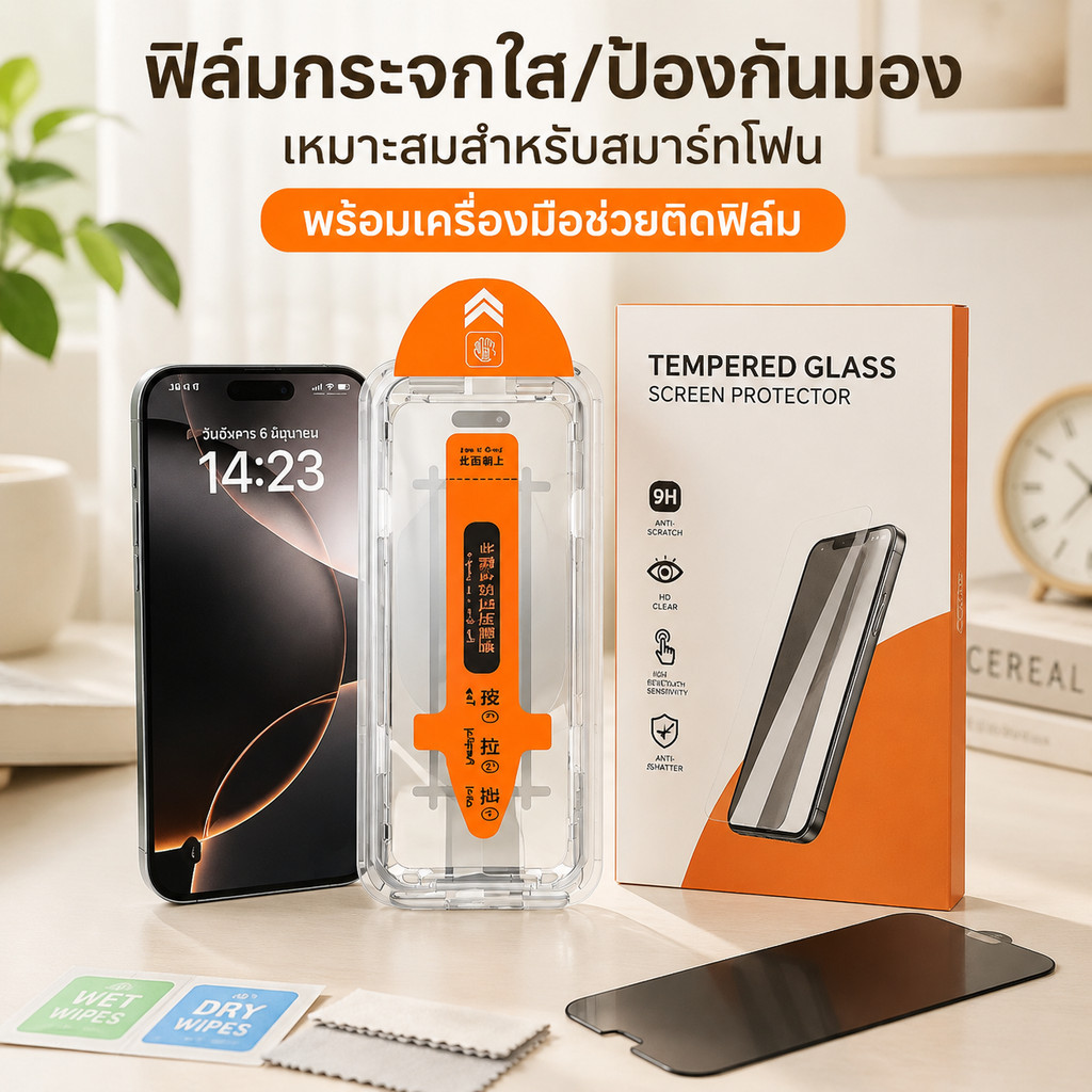 ฟิล์มกระจกหน้าจอป้องกันรอยขีดข่วน ฟิล์มกระจก iphone 11 13 15  iphone17ProMax ป้องกันการมองเห็น D6GHM
