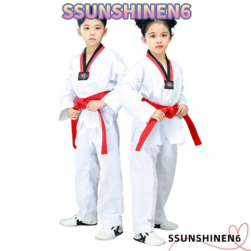 SSUNSHINEN6เด็กTKDเครื่องแต่งกาย,ผ้าฝ้ายสีขาวเทควันโดเครื่องแบบ,แฟชั่นVคอยาวแขนยาวBreathable WTFคารา