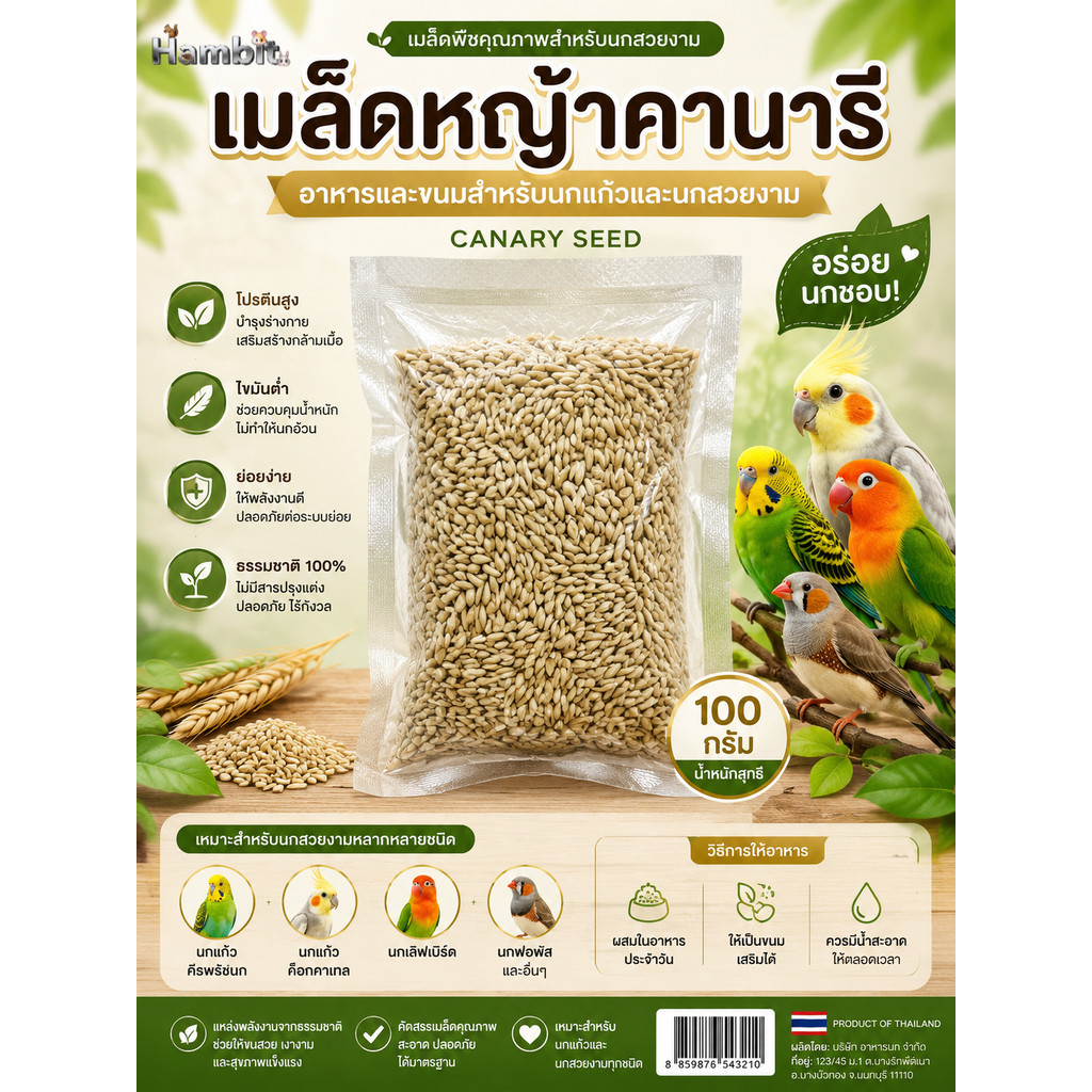 Hambit. เมล็ดหญ้าคานารี (Canary Seed) 100g อาหารนกแก้วและนกสวยงาม เกรดพรีเมียม 100%