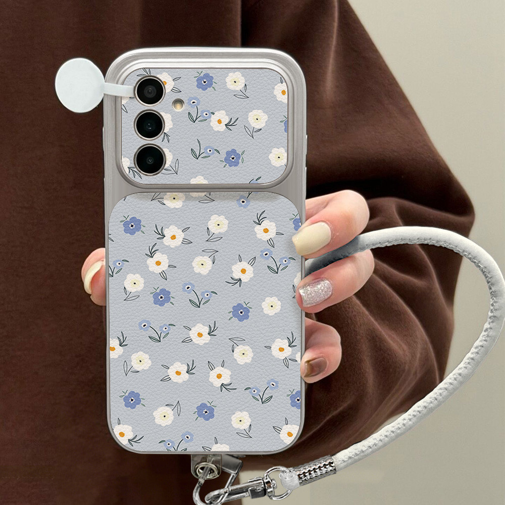 เคสโทรศัพท์หนังลายดอกไม้สีฟ้า For Samsung S26 Ultra S25 S24 A36 A57 A26 A37 A56 A17 เคสกันกระแทกแบบนุ่มพร้อมเชือกคล้อง