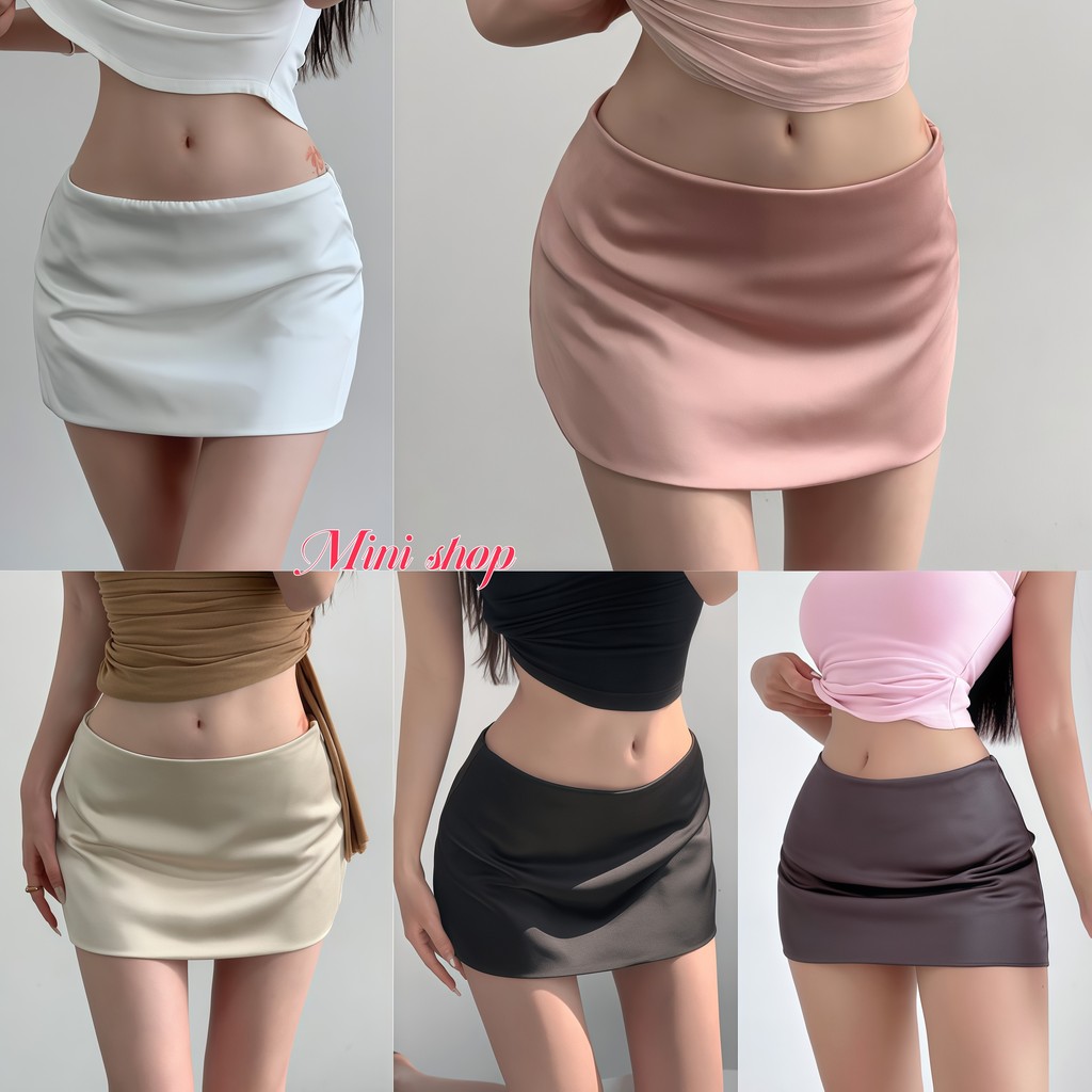Mini shop🌸พร้อมส่ง กระโปรงสั้น กระโปรงสั้นทรงเอ ผ้าลื่นมีซับใน ผ้าซาติน สง่างาม-FY5152#1