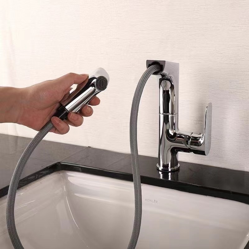 ก๊อกน้ําอ่างล้างหน้าแบบดึงออกสีขาวคงที่ K-76602T/K-31240T-4-Basin ก๊อกน้ําหมุนร้อนและเย็นทองแดงทั้งห