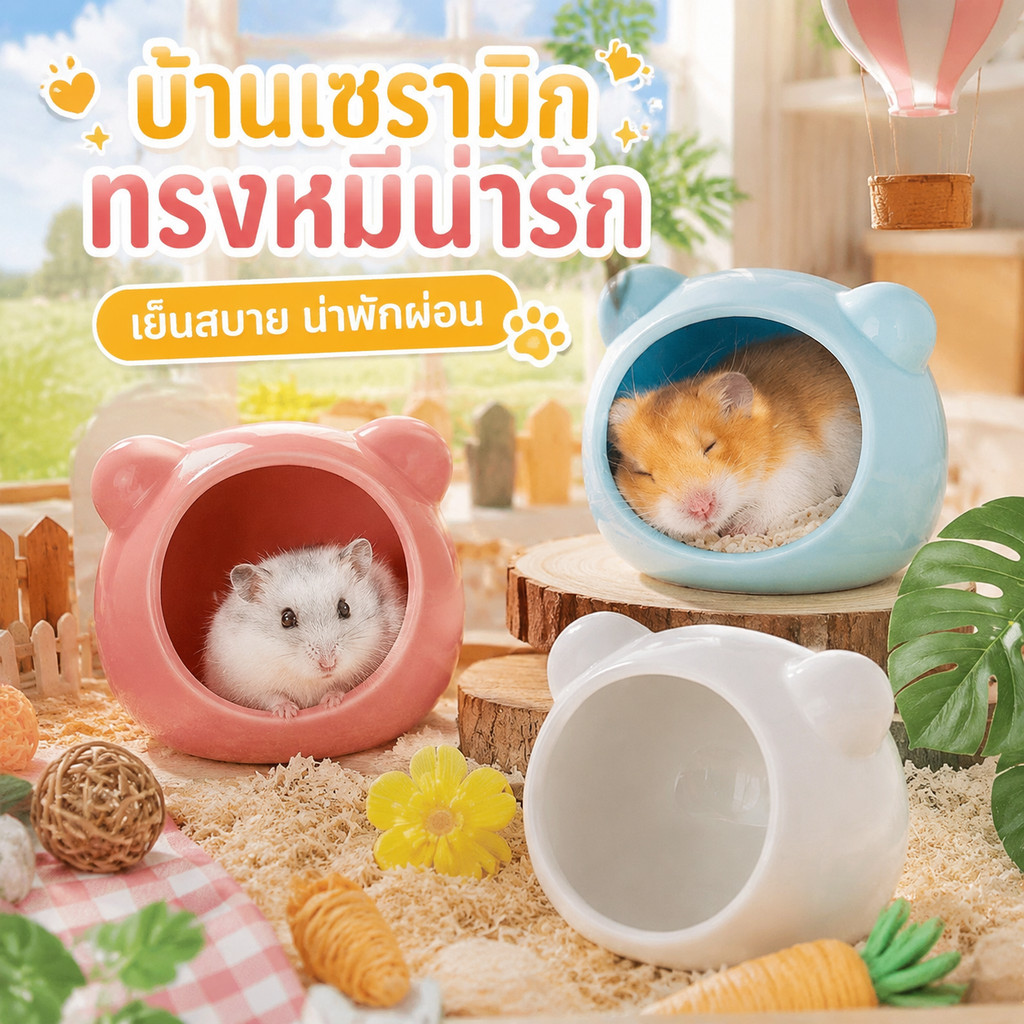 รังหนูแฮมสเตอร์เซรามิค ผิวเย็นสบายฤดูร้อน แบบครึ่งปิด ลดความวิตกกังวล กัดไม่ขาด ล้างทำความสะอาดง่าย