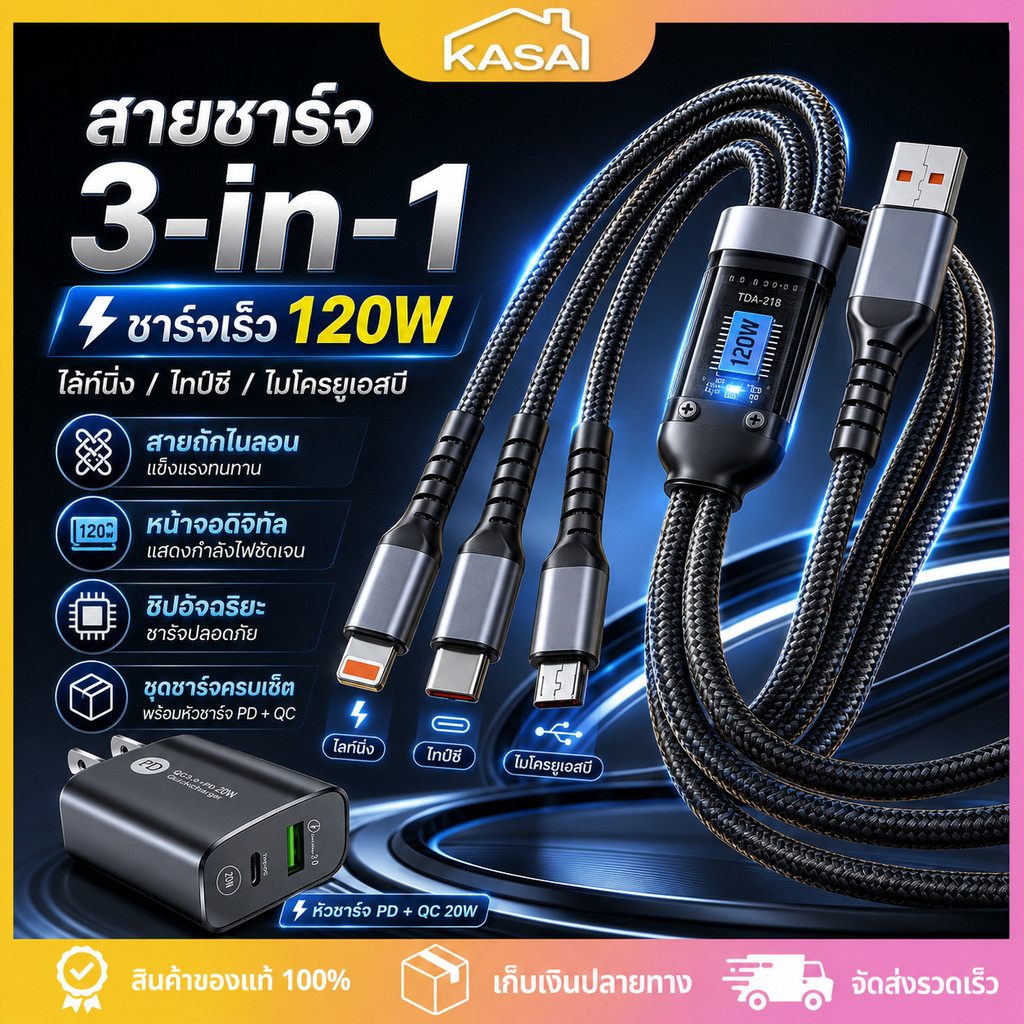 สายชาร์จเร็ว 3in1 3 หัว 120W 6A สายถักไนล่อน 1.2M USB Type-C Micro iOS สายเคเบิลข้อมูลมือถือ สำหรับ Samsung OPPO
