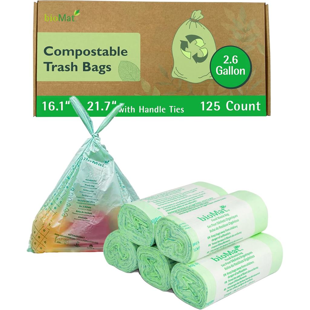 BioMatable ถังขยะถุง 2.6 แกลลอนพร้อมผูกด้ามจับ, 125 นับ, ซับถังเศษอาหารในครัวทั้งหมด, BPI, CMA และ O