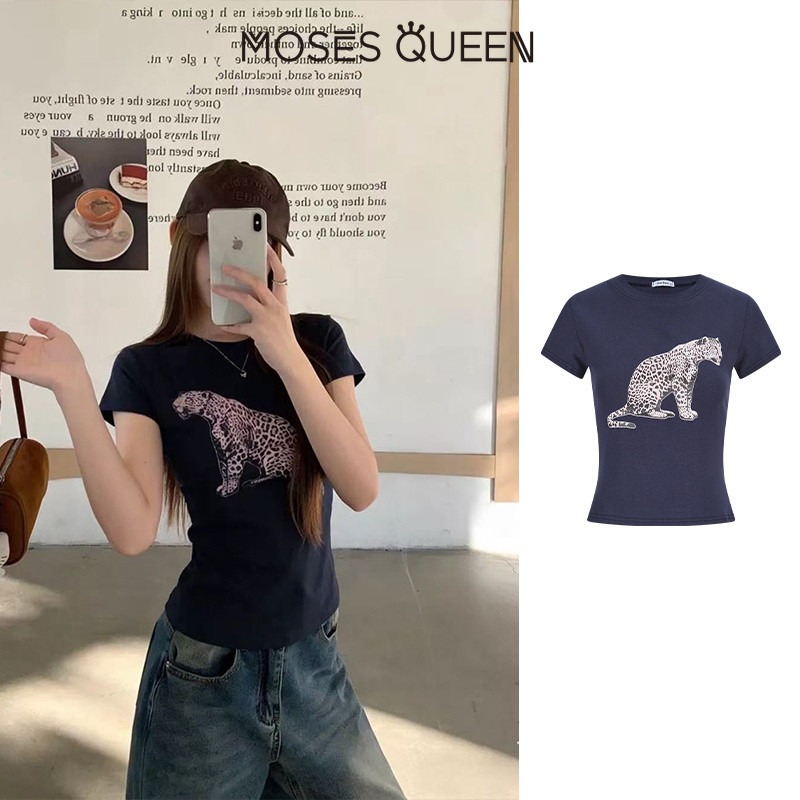 MOSESQUEEN มอสเซควีน เสื้อยืดแขนสั้นพิมพ์ลายเสือดาวอเมริกันเสื้อคอกลมแขนสั้นเข้ารูปผู้หญิงเข้ารูปและเข้ารูป #63695