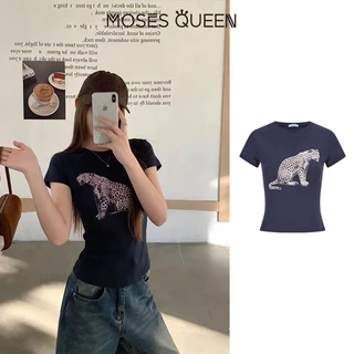 MOSESQUEEN มอสเซควีน เสื้อยืดแขนสั้นพิมพ์ลายเสือดาวอเมริกันเสื้อคอกลมแขนสั้นเข้ารูปผู้หญิงเข้ารูปและเข้ารูป #63695