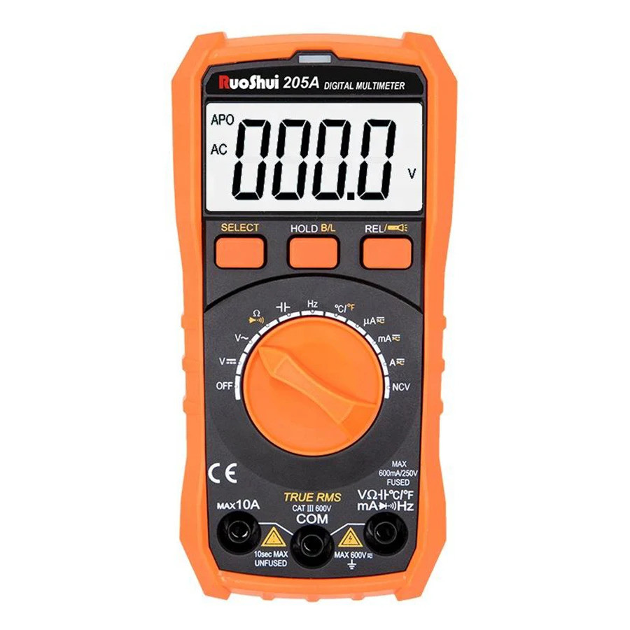 205A RuoShui Mini Palm ขนาด DMM 6000 นับอุณหภูมิช่วงอัตโนมัติ NCV Live Wire 10A 600V มัลติมิเตอร์ที่
