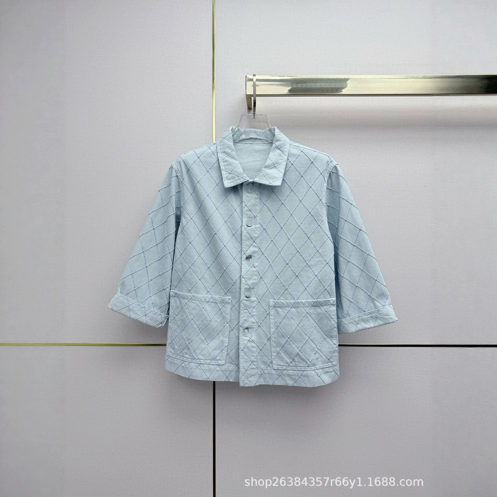 NSGI C``` New plaid denim mid-sleeve shirt jacket with button decoration, stylish, elegant, crisp an