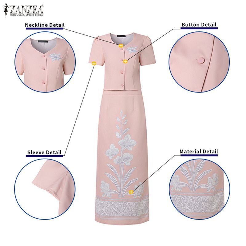 ZANZEA ใส่ ซานเซีย ผู้หญิงเกาหลีที่สง่างามลูกเรือคอพัฟแขนปุ่มขึ้นเสื้อ ข โอดีคอน กระโปรงทับพิมพ์ลายดอกไม้ชุดสองชิ้น — صورة 7