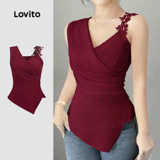 Lovito Elegant Women Top Party Red Appliques Asymmetrical Spring/summer Off White Top LK2ED133