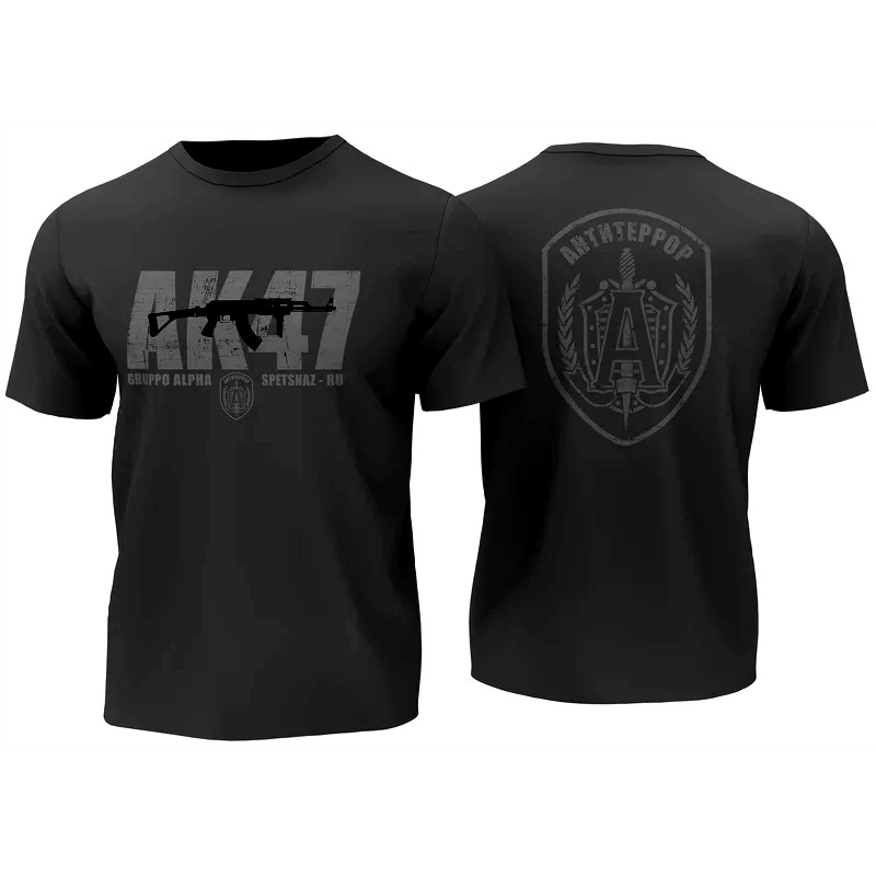 เสื้อยืดสไตล์ทหาร ลายปืน AK47 ของหน่วยรบพิเศษอัลฟ่ารัสเซีย พิมพ์ลายสองด้าน ใส่ได้ทั้งชายและหญิง มีไซส์ S-5XL