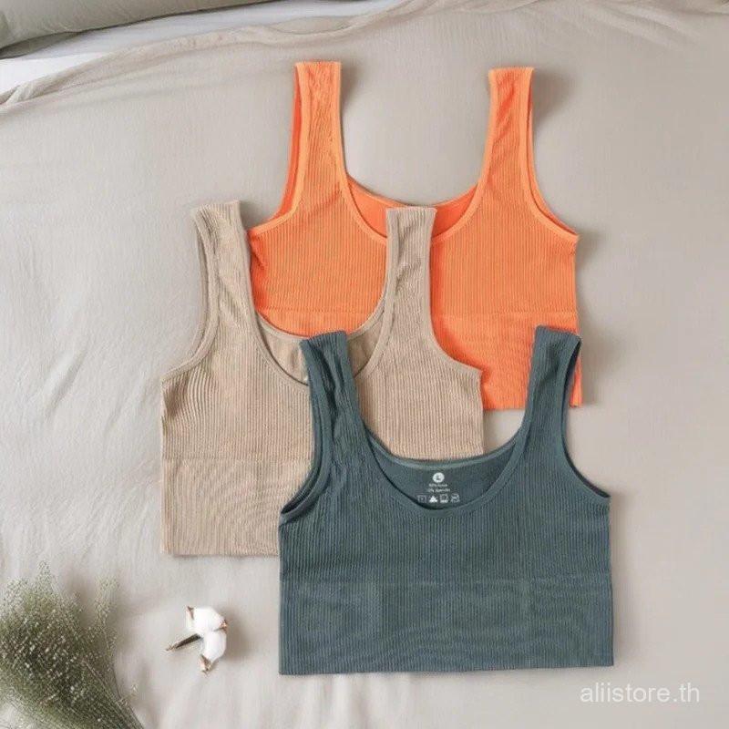 Seamless Bras Tops สําหรับผู้หญิง Tank Crop Top กีฬา Nonwire Ribbed ชุดชั้นใน O-คอ Cami Tee ชุดชั้นใ