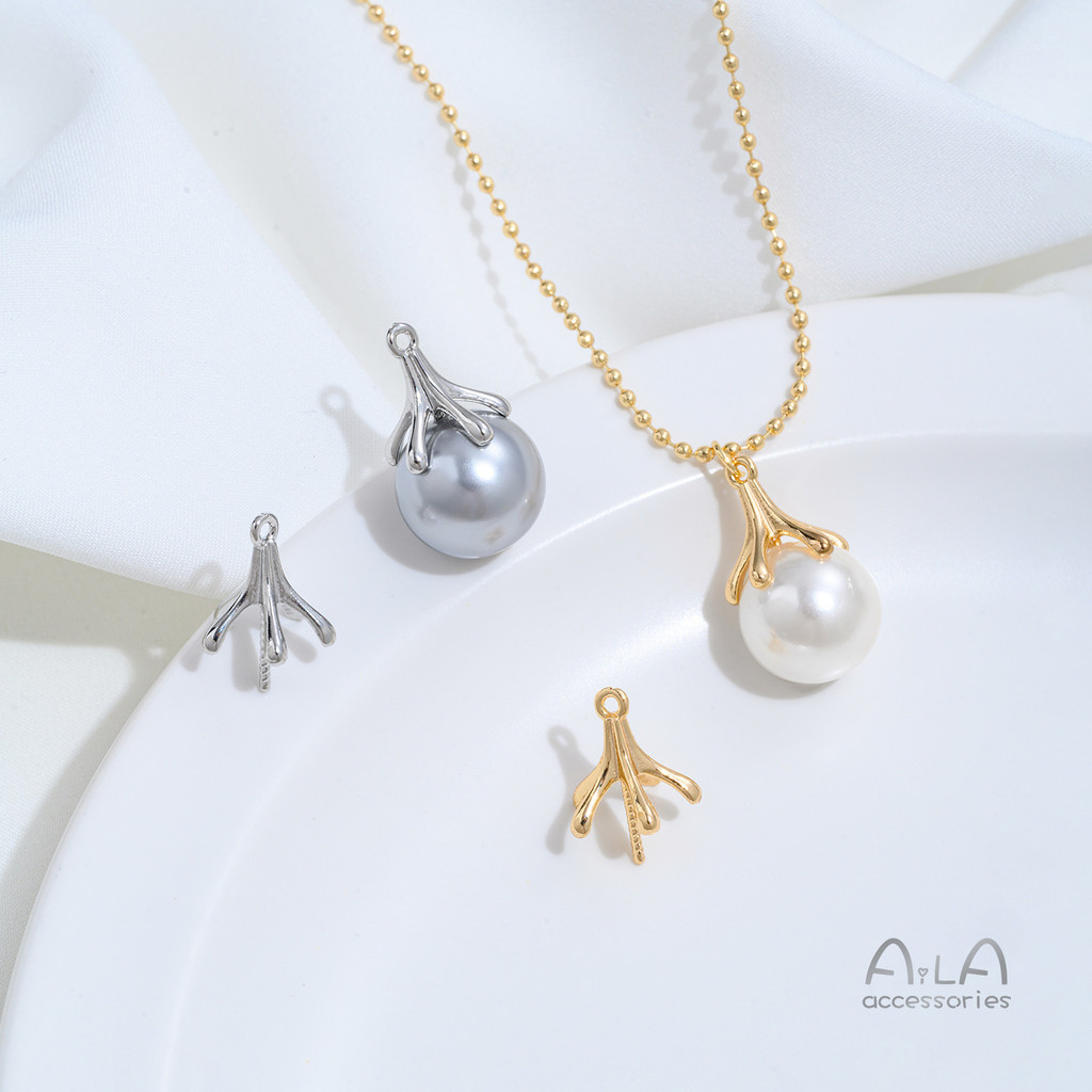 ทองแดงชุบ 18K Real Gold Glossy Claw Shape Half-Hole Pearl Holder จี้ Handmade diy สร้อยข้อมือสร้อยคอ