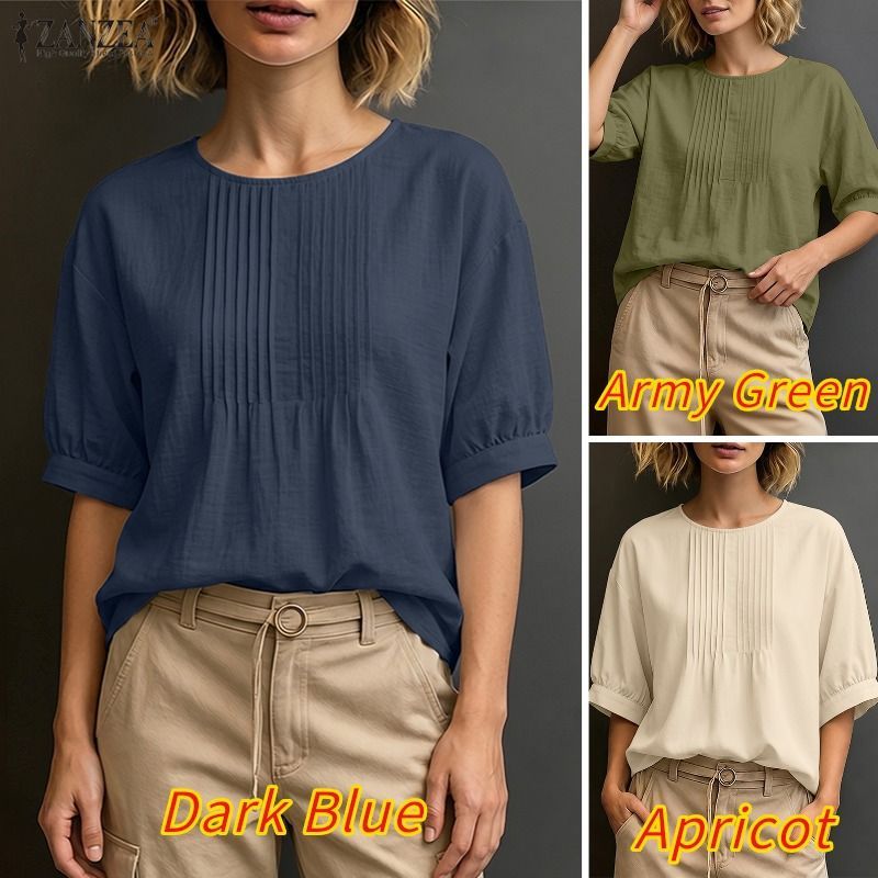 ZANZEA ผู้หญิงวินเทจ Minimalist Casual คอกลม 3/4 แขนโคมไฟ Pleats หลวมสีทึบเสื้อ — صورة 3