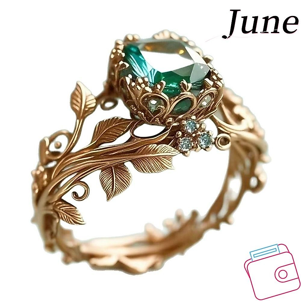 JUNEGOODS แหวนดอกไม้ใบไม้, การออกแบบฝังแหวนอินเทรนด์ที่ทนต่อการซีดจาง, คุณภาพสูงด้วยหินสีเขียวส่วนบุคคลสไตล์ Ins การออกแบบที่เรียบง่ายเครื่องประดับตกแต่งนิ้ว