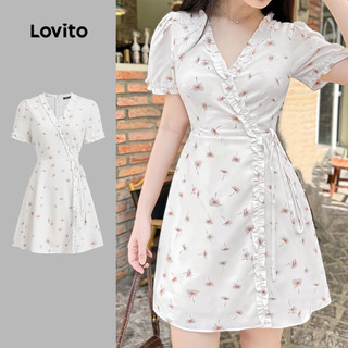 Lovito Women Casual Ditsy Floral Frill Summer Spring Off White Korean Dress L134ED672