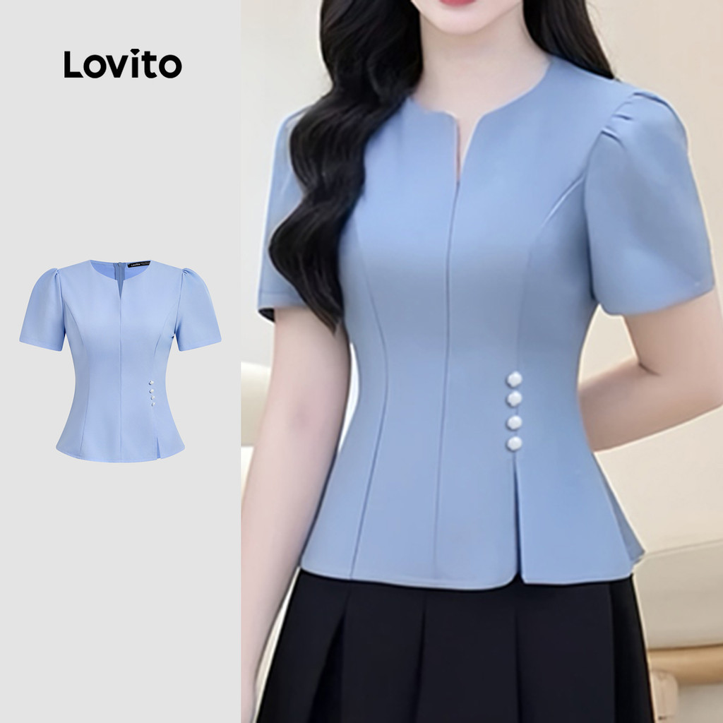 Lovito เสื้อเบลาส์ลําลองสําหรับผู้หญิง สีฟ้า มีโบว์ สไตล์ฤดูใบไม้ผลิ/ฤดูร้อน LK5ED500