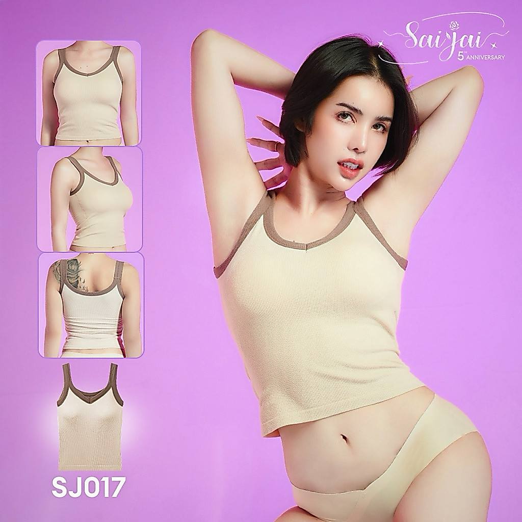 SJ017 เสื้อกล้ามมีบราในตัว 2in1 จบในตัวเดียว มาพร้อมลูกเล่นตัดขอบสีของสาย