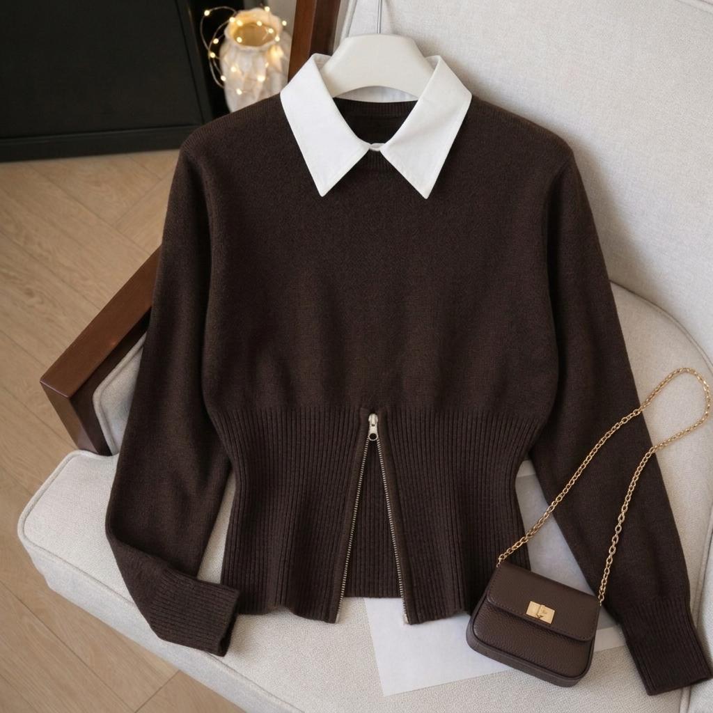 ADILA.ID เสื้อสเวตเตอร์ถักผู้หญิงระดับพรีเมียมพร้อมปกปลอมและด้านล่างซิป | เสื้อถักเกาหลีแขนยาวทรงสลิมฟิตหรูหรา - เสื้อไหมพรมผู้หญิงเกาหลีระดับพรีเมียม | ปกปลอมสีขาวซิปด้านหน้าถักด้านบนแฟชั่นอินเทรนด์