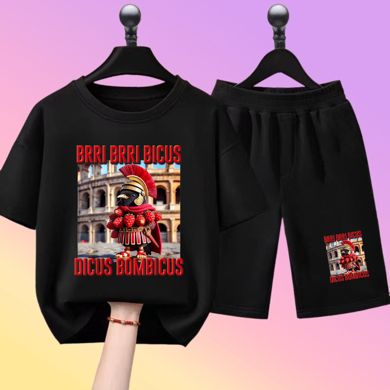 ชุดเสื้อยืดและกางเกงขาสั้นเด็ก เสื้อยืดแขนสั้นสำหรับเด็ก Italian Brainrot ภาพพิมพ์การ์ตูน#124