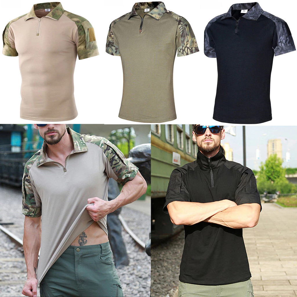 เสื้อยุทธวิธีแขนสั้นสำหรับผู้ชาย ดีไซน์พรางสำหรับการเดินป่าและตั้งแคมป์