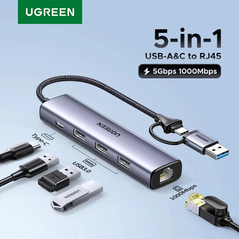 UGREEN อะแดปเตอร์อีเธอร์เน็ต 5-in-1 Type-C ถึง 1000Mbps RJ45 USB3.0 5Gbps พอร์ต USB-A Splitter สําหรับแล็ปท็อปพีซี Windows USB Expander