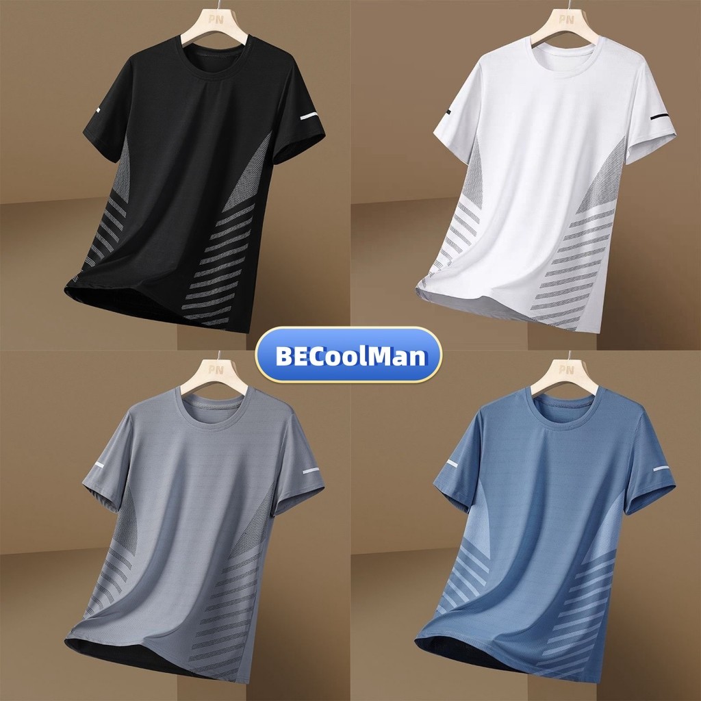 BECoolMan🍃คอกลมแขนสั้นระบายอากาศ เสื้อยืดผู้ชาย ผ้าแห้งเร็ว ยืดหยุ่นสูง แมทช์ลุคง่าย ขยายใหญ่ เลือกได้4สี