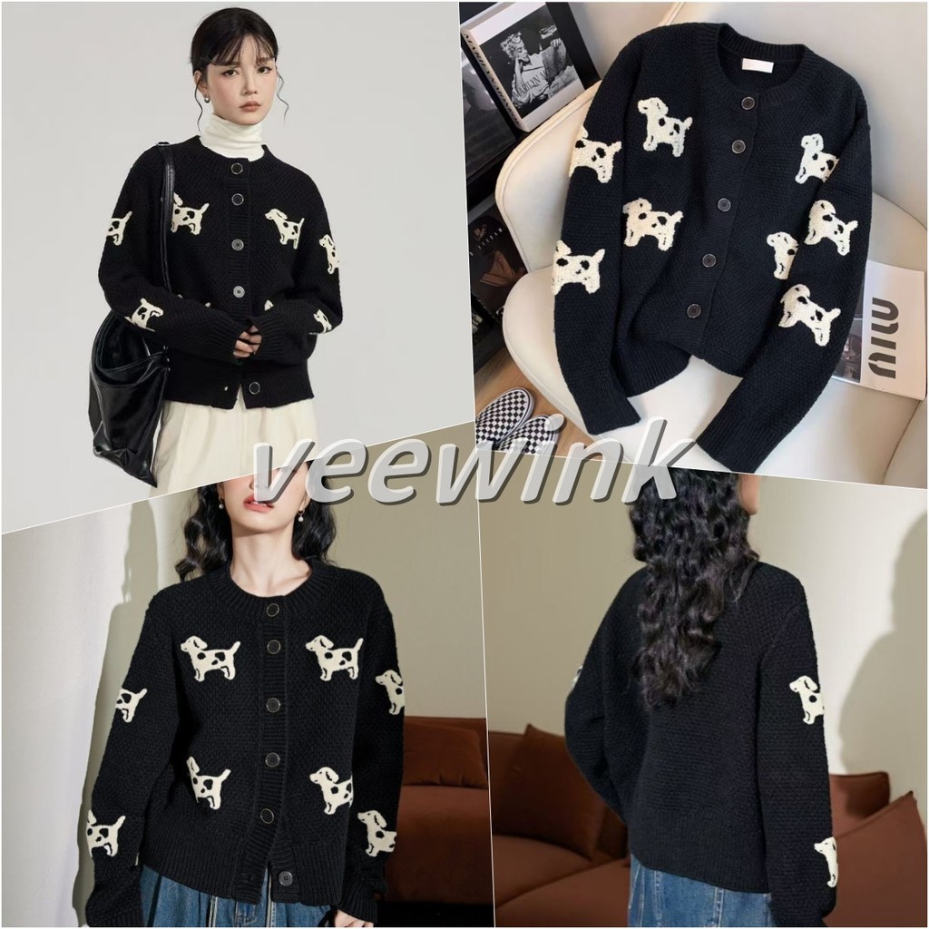 Veewink เสื้อสเวตเตอร์สั้นลายสุนัขดำ สไตล์น่ารัก ใส่เป็นชุดในหรือใส่เดี่ยวได้