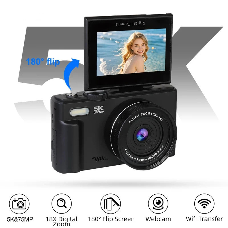 5K Compact Digital Photography Camera 18X ซูมดิจิตอล 75MP 180 Flip Screen WIFI Vintage Vlog Video Re