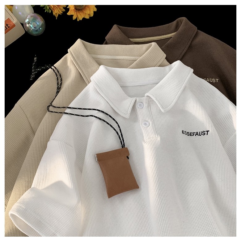 PROMAN เสื้อโปโลผู้ชาย แขนสั้น ลายวาฟเฟิล ปักลาย ปกพับ แนววินเทจ ยอดนิยม แฟชั่น ใส่สบาย รูปที่ 6