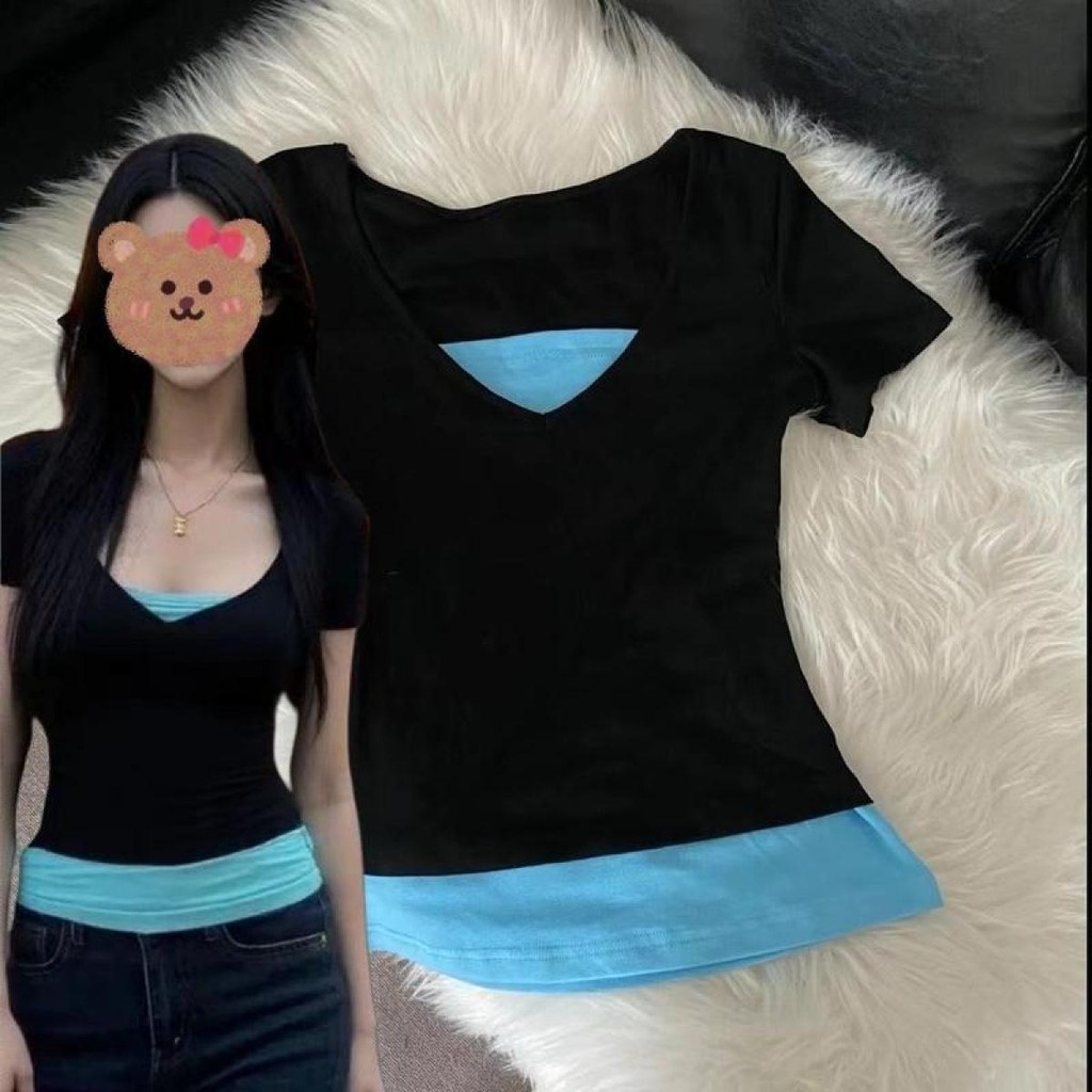 Vonda แย่ เสื้อบางผู้หญิงสไตล์อเมริกันผ้าฝ้ายแท้สาวฮอตสีดําเหมาะกับหน้าร้อนเย็บสีตัดกันแขนสั้นดีไซน์