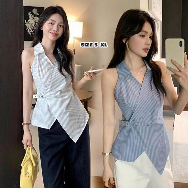 mimi&didi#เสื้อแขนกุดลายทาง,เสื้อเบลาส์คอปกทรงหลวมลำลองฤดูร้อน, เสื้อย้อนยุคอเนกประสงค์,แฟชั่น,สำหรับผู้หญิง#99161